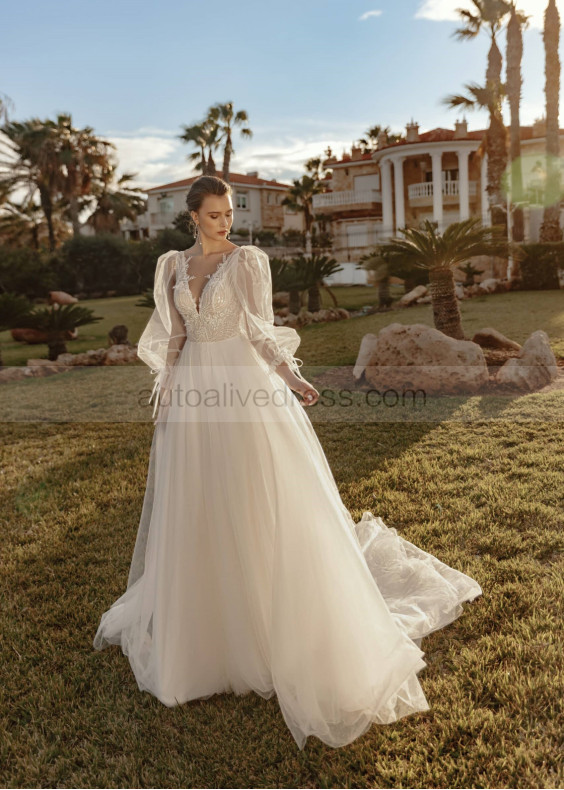 Long Sleeves Ivory Beaded Lace Tulle Keyhole Back Wedding Dress